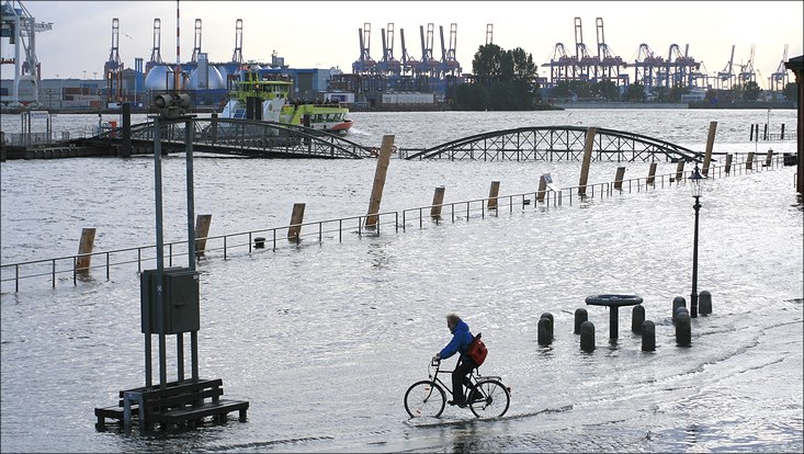 Überfluteter Fischmarkt mit einer gelben Fähre auf der Elbe und einem Fahrradfahrer leicht im Wasser.