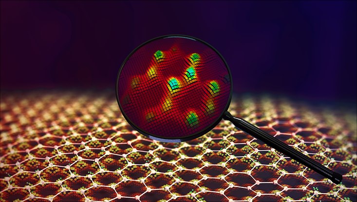 Artistic sketch of atoms in a honeycom lattice and a magnifying lens