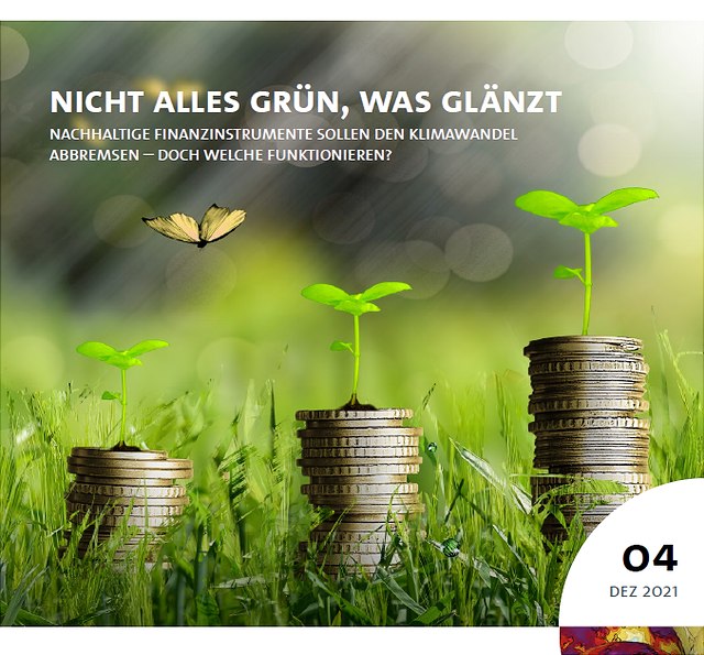 Im Vordergrund stehen drei Türme aus Münzen in einer Linie inmitten grüner Grashalme. Die Türme werden von links nach rechts größer.