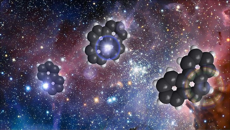 Illustration of molecules on a dark background covered with stars