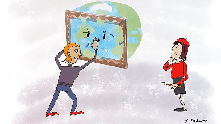 Science through art illustartion: The scientist is pulling the Earth Model through the frame. The artists is skeptically observing this action.