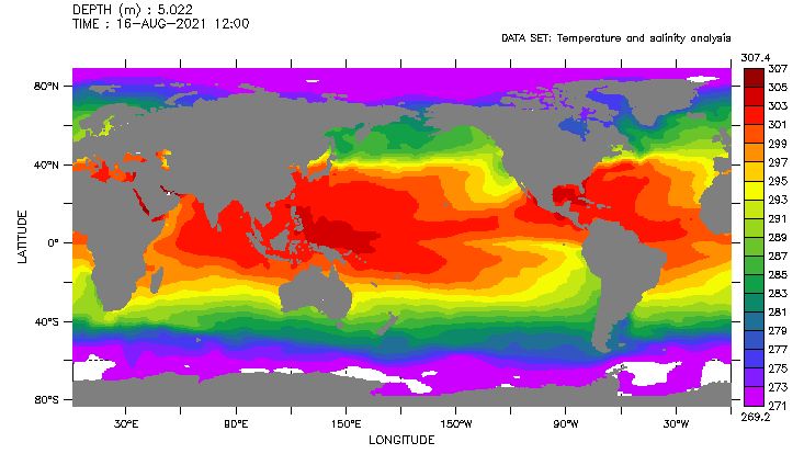 EN4.2.2 near-surface ocean temperature August 2021