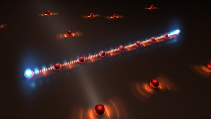 The illustration shows single orange balls and a spiral on which the same balls are arranged, at each end a ball shines blue