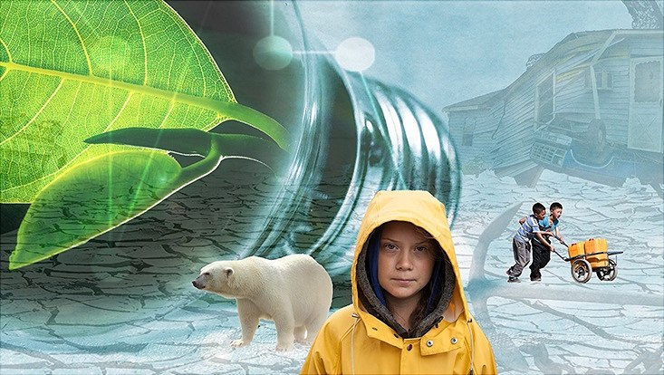 Collage with Greta Thunberg in the foreground with a yellow cape.