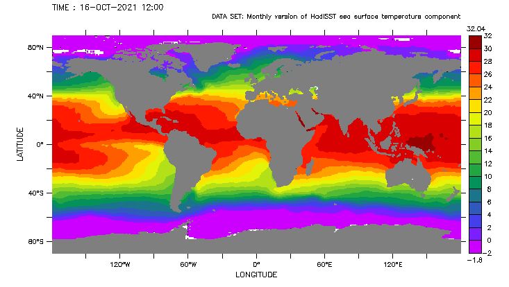 HadISST1 sea surface temperature October 2021