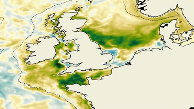 Difference in vertically integrated mean annual primary production between experiments including and excluding tidal currents