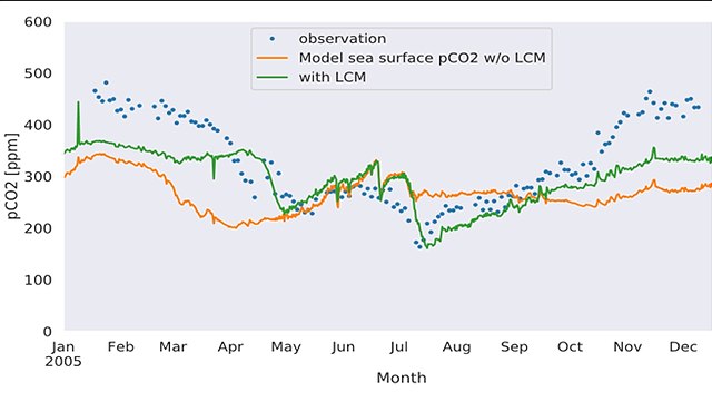 Model comparison with and without life cycle; without the life cycle the model is unable to capture the observed summer pCO2 minima