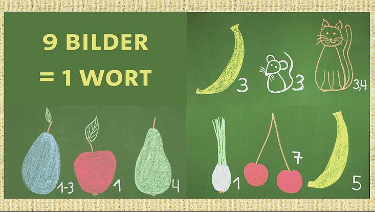 Bilderrätsel. Aus 9 Bildern ergibt sich das Lösungswort "Nutzpflanze". Aus technischen Gründen kann an dieser Stelle leider nicht das gesamte Rätsel beschrieben werden.