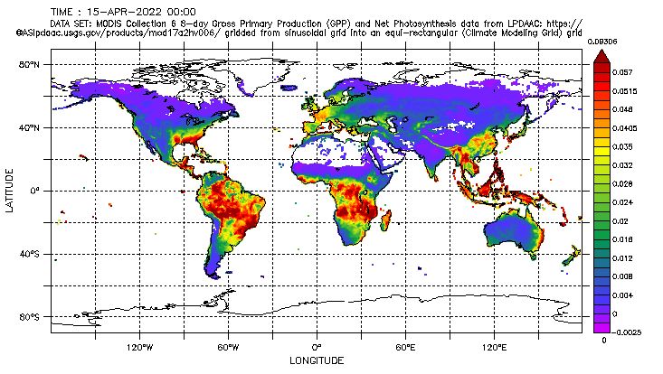 Terra MODIS Collection 6.0 MOD17A2H GPP 20220415