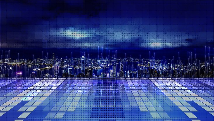 image grafic digitization - bird's eye view of city by night in the background with squares arranged in rows in the foreground