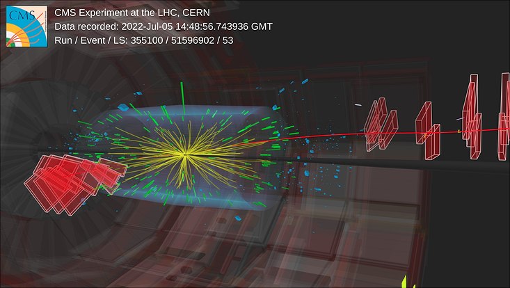Event display von einer der ersten Teilchenkollisionen, die der CMS Detektor nach dem Restart des LHC gemessen hat.