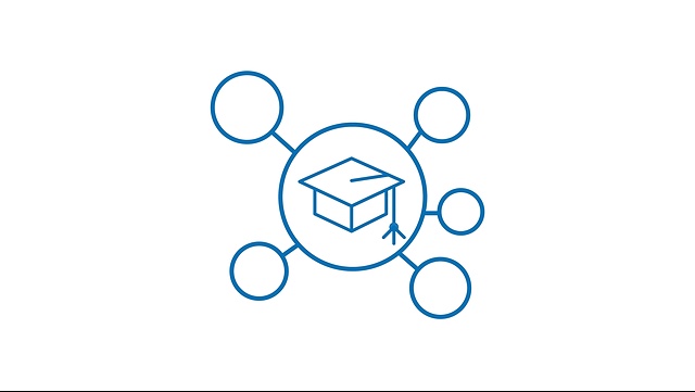Mortaboard in a circle, with five over circles around