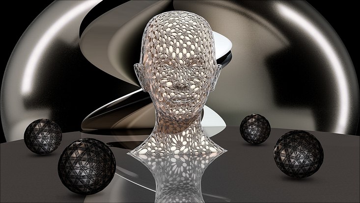 Fantasie aus humanoidem Kopf und vier Kugeln, die von einem gehäkelten Netz umhüllt werden, vor einem glänzenden metallischen Hintergrund.