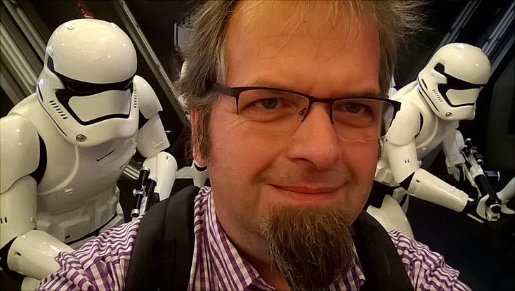 Michael Nagenborg in the foreground and two Star Wars Storm Troopers in the background