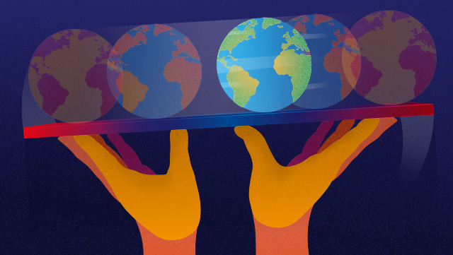 yellow hands balance several colored globe on long object