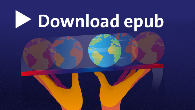 yellow hands balance several colored globe on long object