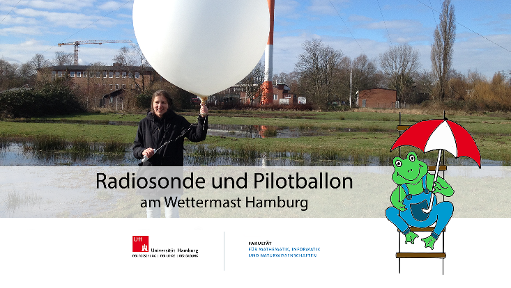 Eine Studentin mit Radiosonde vor dem Wettermast Hamburg