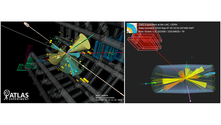 Event displays of four-top-quark production from ATLAS (left) and CMS (right). Event displays of four-top-quark production from ATLAS (left) and CMS (right).