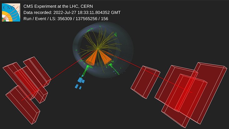 A candidate event in which a top quark pair is produced and recorded at the CMS detector.