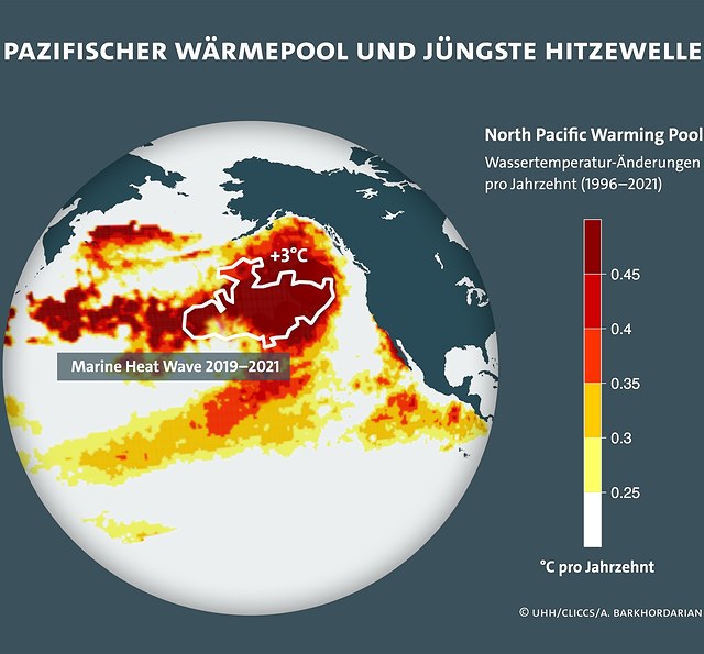Anstieg der Wassertemperatur im nordöstlichen Pazifischen Ozean von 1996 bis 2021  Foto: UHH/CLICCS/A. Barkhordarian Das Bild zeigt den Anstieg der Wassertemperatur im nordöstlichen Pazifischen Ozean von 1996 bis 2021 (Pacfic warming pool). Die Messw