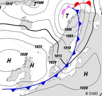 Wetterkarte mit Tiefdruckgebiet und Fronten Wetterkarte