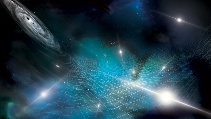 Die künstlerische Darstellung zeigt, wie eine Reihe von Pulsaren von Gravitationswellen beeinflusst werden, die von einem Paar supermassiver Schwarzer Löcher aus einer entfernten Galaxie stammen.