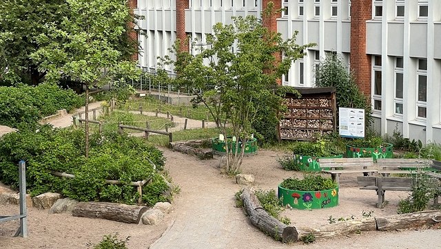 Blick auf das Schulgelände der Loki Schmidt Schule