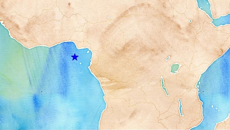 Map of the Gulf of Guinea with a blue star showing the point of the earth vibrates not audible for the human ears