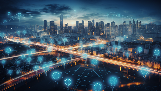 Stylized Image of a Smart City overlayed with a distributed sensor network.