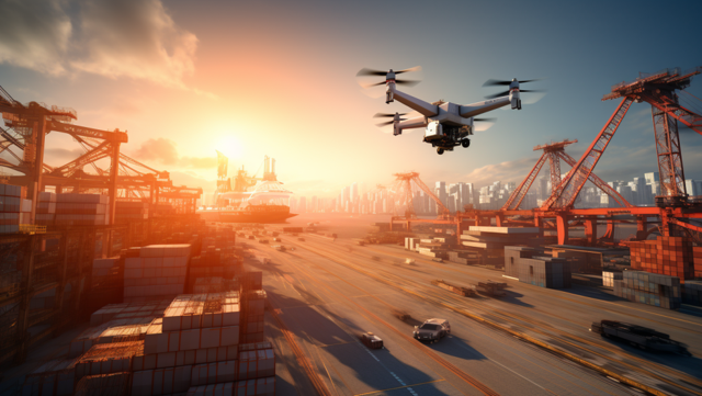 AI generated image of a drone scanning a port