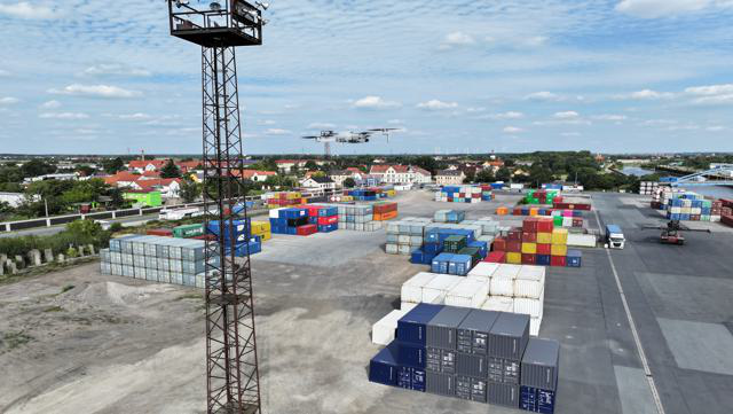Drone flying over inland terminal