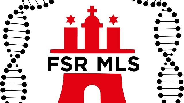 Zu sehen ist die rote Hamburg-burg mit dem schwarzen Schriftzug FSR MLS in der Mitte. Die BUrg ist vo einem schwarzen DNA-Strang umgeben. Unter der Burg befinden sich in schwarz ein Erlenmeyerkolben, ein Herzschlag und Blätter einer Pflanze.