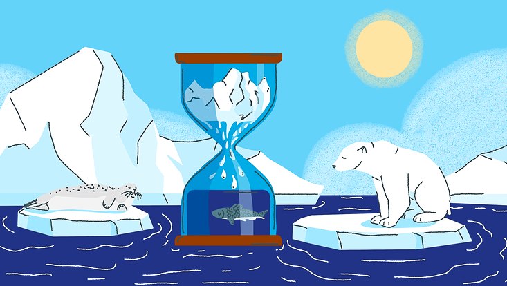 Die Illustration bildet die Arktis ab. Auf der rechten Eisscholle sitzt ein Eisbär und auf der linken eine Robbe. In der Mitte befindet sich eine Sanduhr, die statt mit Sand mit einem Eisberg und einem eingesperrten Fisch befüllt ist.