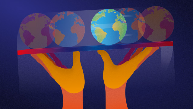 stylized yellow hands balancing a globe on a board