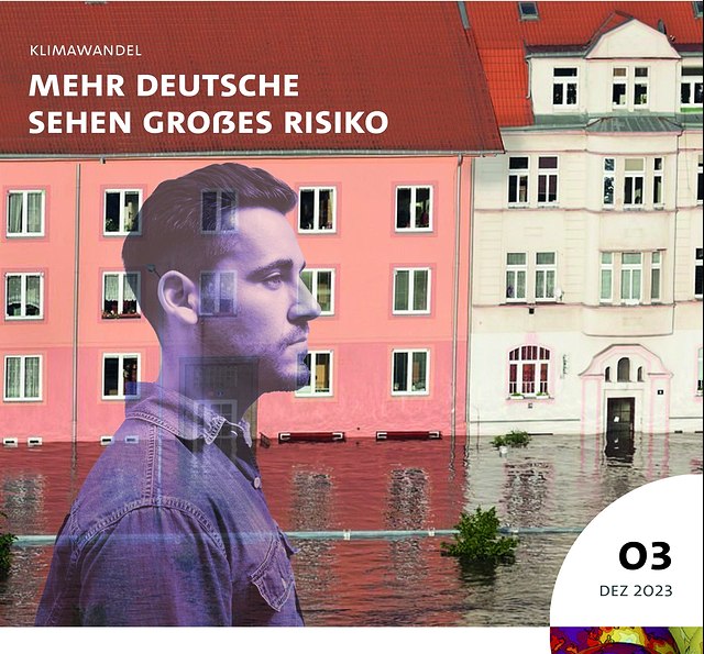 You can see the front of a building. It is surrounded by floodwater. The foreground shows the side profile of a man,he looks worried.