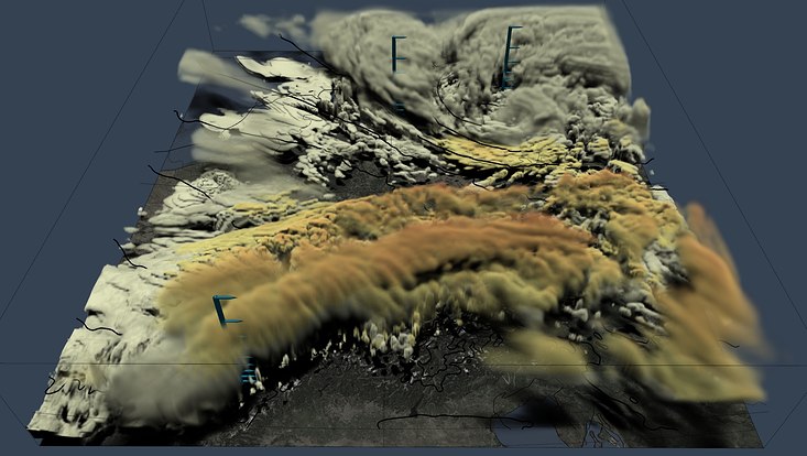 Graphic in which the 3D visualization of clouds is shown.