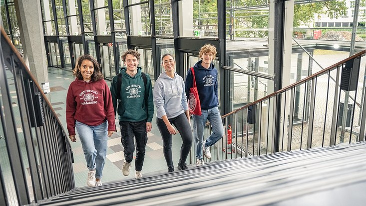 Vier junge Menschen steigen eine Treppe in einem Gebäude hoch.