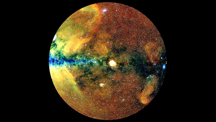 The eROSITA X-ray sky, with half of it projected onto a circle. The centre of the Milky Way is on the left and our Galactic plane runs horizontally. Photons have been colour-coded according to their energy: red for energies 0.3-0.6 kilo electron Volt