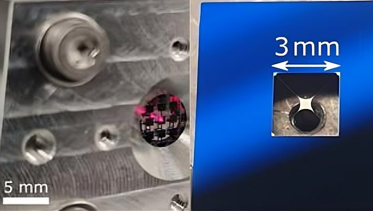 In der Collage vereint: Links eingebauter Membran-Drucksensor mit faseroptischer Auslesung und roter optischer Faser. Aluminiumteile verbinden die Faser mit der Membran zu einem kompakten Sensor (3 cm). Rechts das zentrale Element: Trampolin-Membran