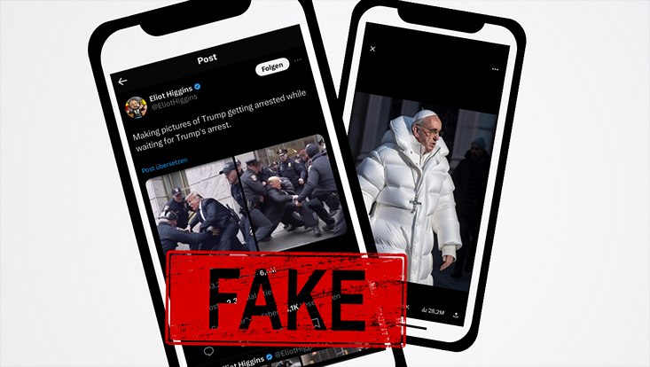 deep fakes auf zwei Mobiltelefonen, die den Papst im weißen Daunenmantel und Donald Trump, der verhaftet wird zeigen. Darüber der rote Schriftzug "Fake"