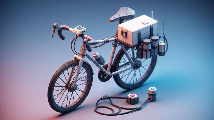 A lowpoly image of a bicycle with a box of sensors on the back.