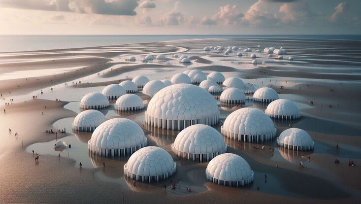 White domes in the wadden sea during low tide