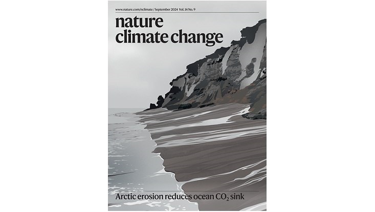 The cover of Volume 14 Issue 9 of the journal Nature Climate Change features the paper "Arctic erosion reduces ocean CO2 sink". It shows a black-and-white illustration of a coast line with ocea, beach and cliffs.