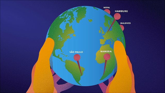 cover illustration of the study Hamburg Climate Futures OUtlook 2024, showing two hands holding a globe. Pins on the globes´s surface mark the locations of five of the nine case studies covered in the study.