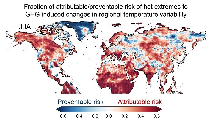 Fraction of attributable/preventable risk of hot extremes to GHG-induced changes in regional temperature variability