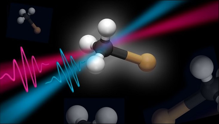 Wissenschaftliche Illustration eines Moleküls, auf das zwei Blitze treffen