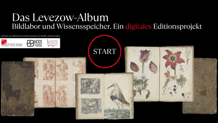 Titelbild des digitalen Projekts „Das Levezow-Album“, präsentiert mit historischen Illustrationen und einem hervorgehobenen Start-Button.