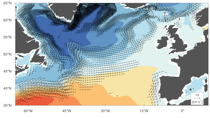 Plot showing the 1990-2016 time mean SSH anomaly (color) and the mean ocean surface currents (arrows).