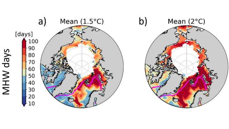 Figure showing Arctic Marine Heatwave characteristics for 1.5 and 2°C warming