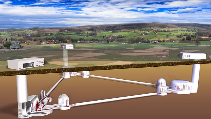 visualization of the futuere Einstein Telescope showing the three connected tunnels of the telescope